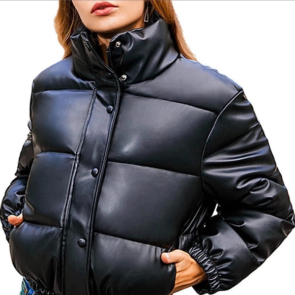 Black PU Leather Puffer Jacket - Picture 2 of 3